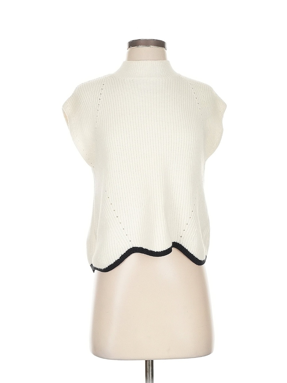 Maeve Anthropologie Ivory Mock Neck Sweater Vest Black Tipped Hem S